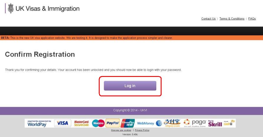 Подтверждение регистрации аккаунта для заполнения онлайн анкеты на Визу в Великобританию. Пример оплаты 8